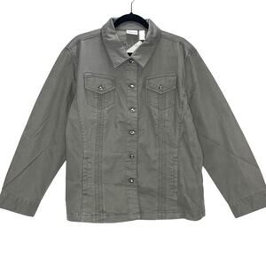 CHICO'S Chelsea Cotton Pacie Jacket 3 US 16/XL Grey Button Up Embroidered NWT